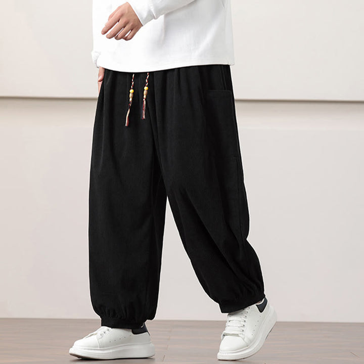 Pantalon Buddha Stones côtelé de couleur unie avec cordon de serrage et poches pour homme