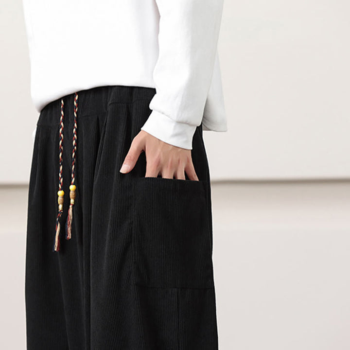 Pantalon Buddha Stones côtelé de couleur unie avec cordon de serrage et poches pour homme - image 19