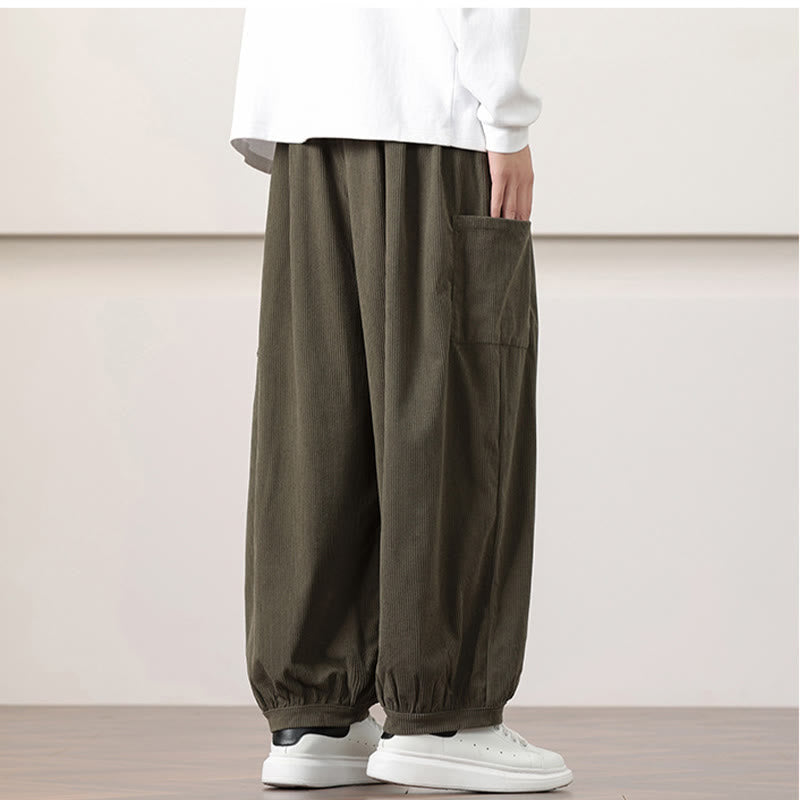 Pantalon Buddha Stones côtelé de couleur unie avec cordon de serrage et poches pour homme