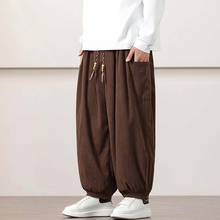 Pantalon Buddha Stones côtelé de couleur unie avec cordon de serrage et poches pour homme