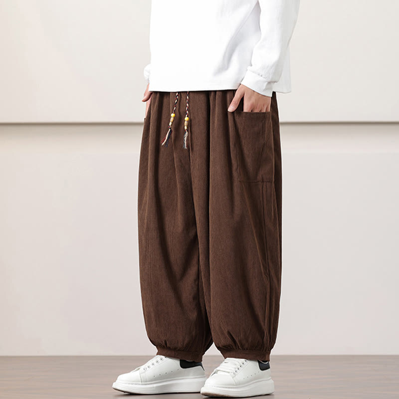 Pantalon Buddha Stones côtelé de couleur unie avec cordon de serrage et poches pour homme - image 39