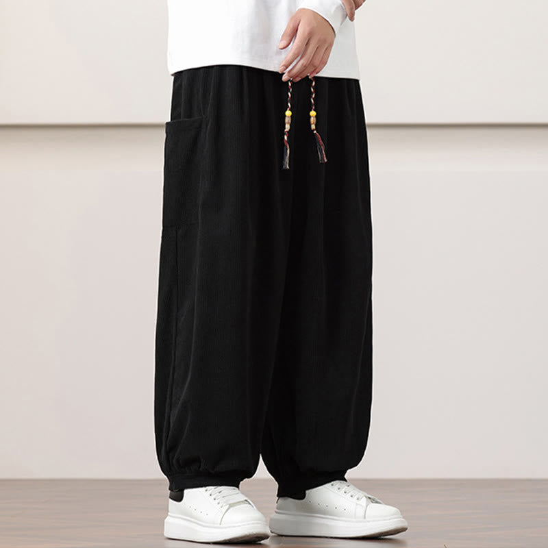 Pantalon Buddha Stones côtelé de couleur unie avec cordon de serrage et poches pour homme