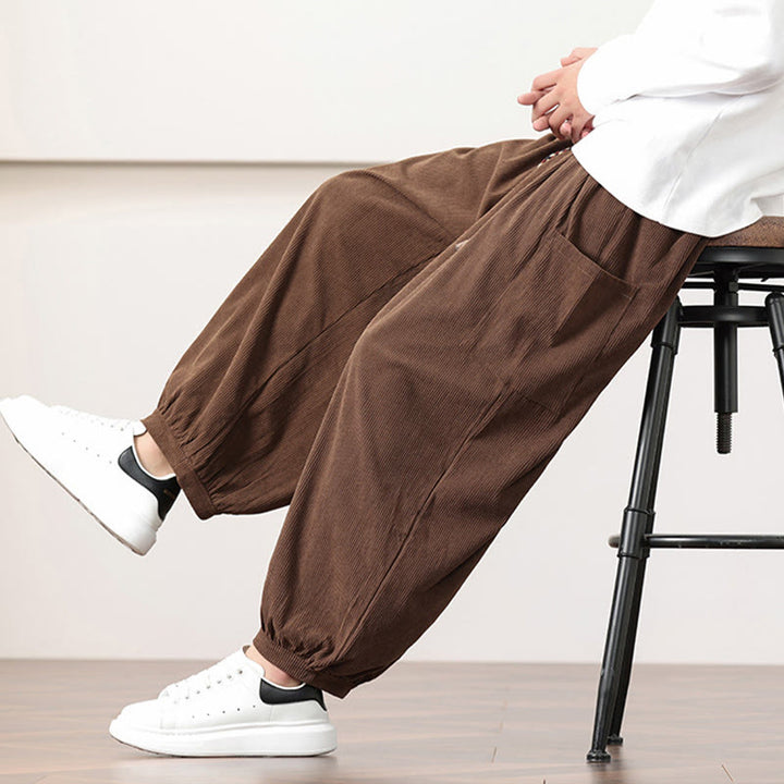 Pantalon Buddha Stones côtelé de couleur unie avec cordon de serrage et poches pour homme