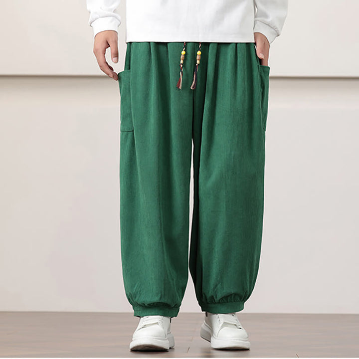 Pantalon Buddha Stones côtelé de couleur unie avec cordon de serrage et poches pour homme