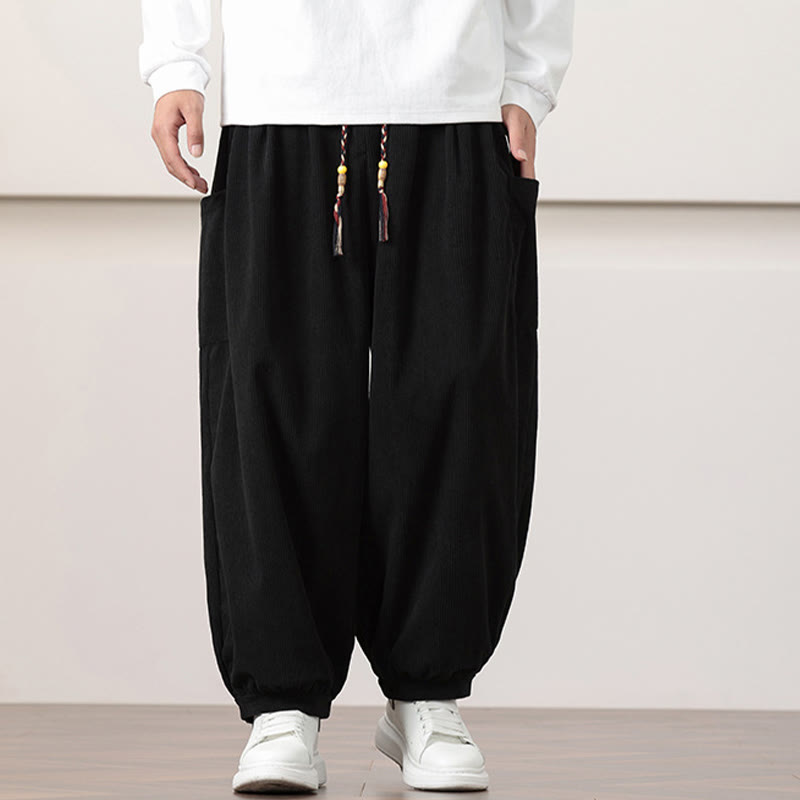 Pantalon Buddha Stones côtelé de couleur unie avec cordon de serrage et poches pour homme