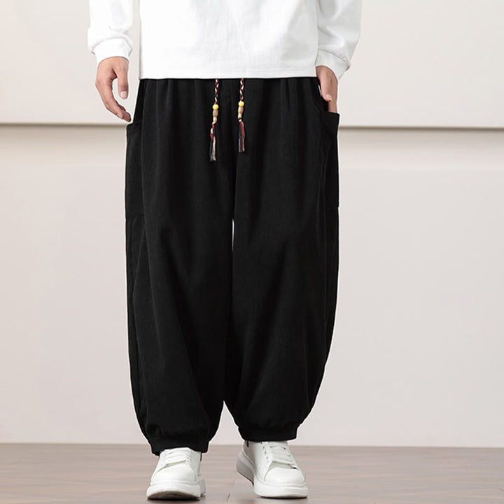 Pantalon Buddha Stones côtelé de couleur unie avec cordon de serrage et poches pour homme