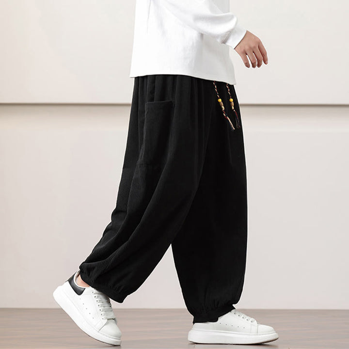Pantalon Buddha Stones côtelé de couleur unie avec cordon de serrage et poches pour homme