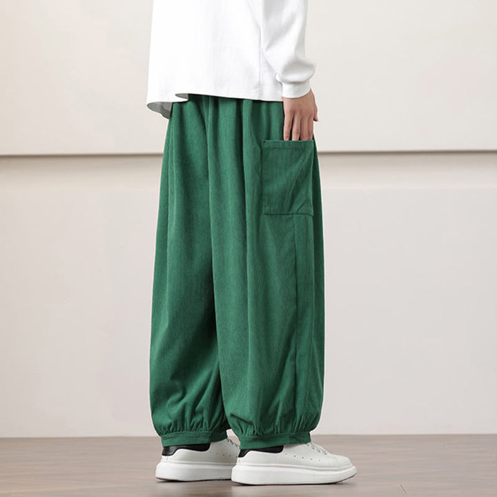 Pantalon Buddha Stones côtelé de couleur unie avec cordon de serrage et poches pour homme