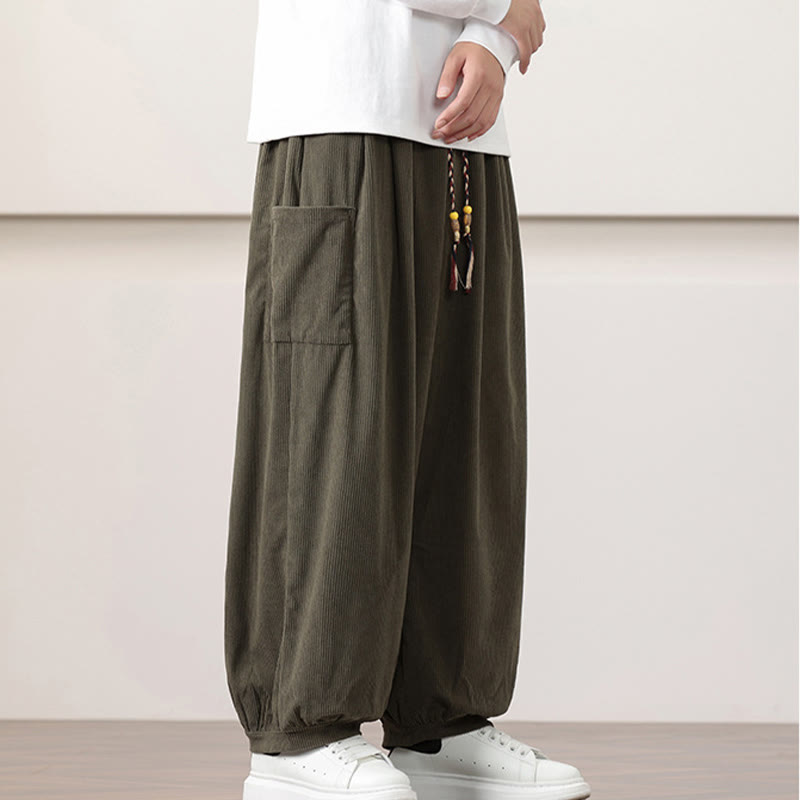 Pantalon Buddha Stones côtelé de couleur unie avec cordon de serrage et poches pour homme - image 3