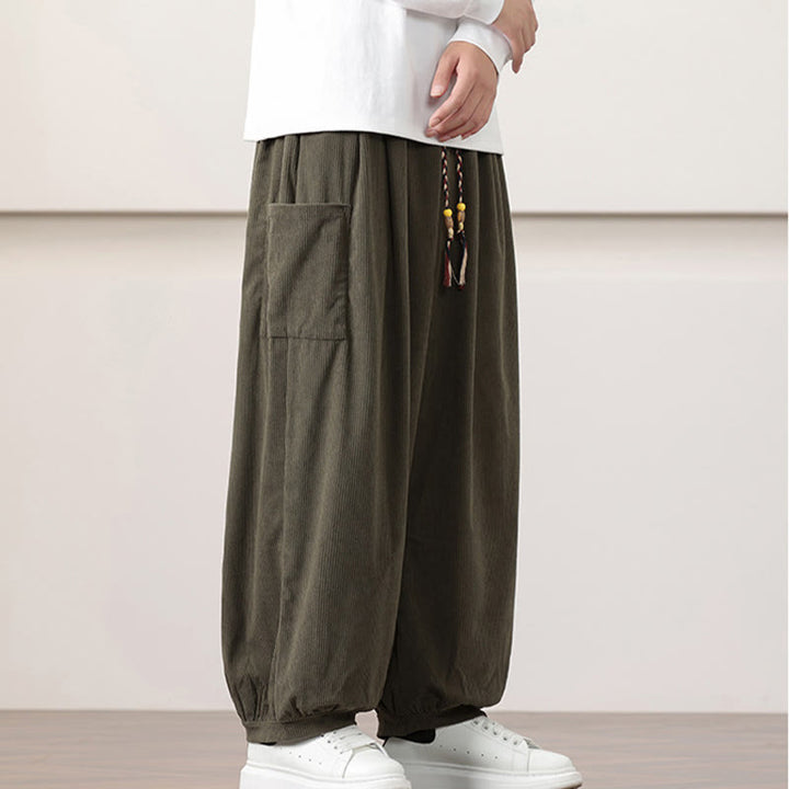 Pantalon Buddha Stones côtelé de couleur unie avec cordon de serrage et poches pour homme - image 3
