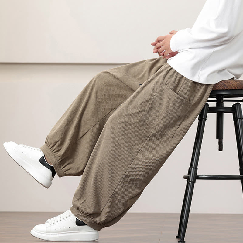Pantalon Buddha Stones côtelé de couleur unie avec cordon de serrage et poches pour homme