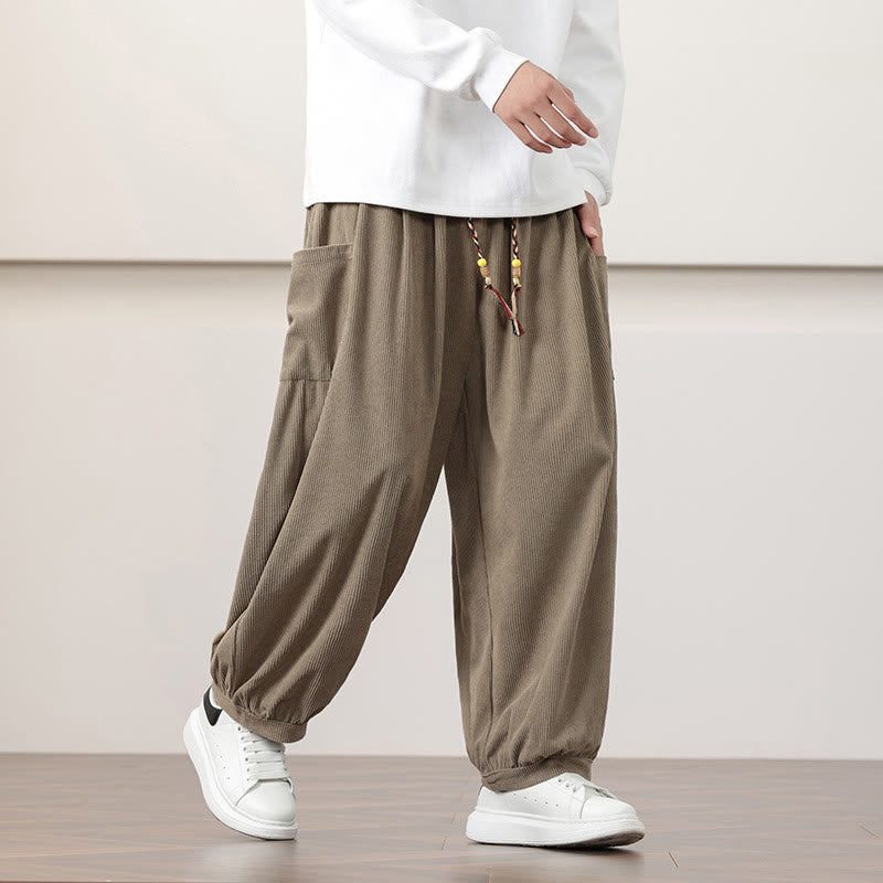 Pantalon Buddha Stones côtelé de couleur unie avec cordon de serrage et poches pour homme