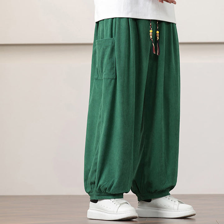 Pantalon Buddha Stones côtelé de couleur unie avec cordon de serrage et poches pour homme