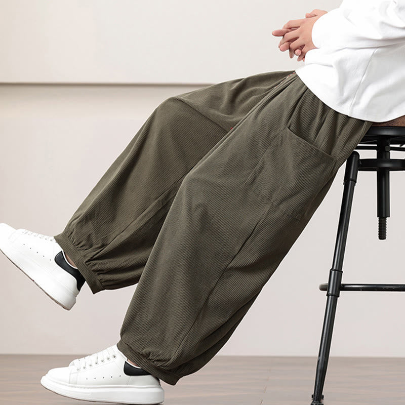 Pantalon Buddha Stones côtelé de couleur unie avec cordon de serrage et poches pour homme