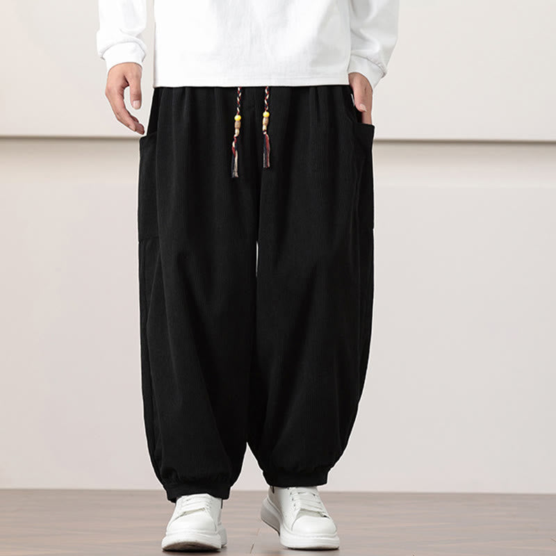 Pantalon Buddha Stones côtelé de couleur unie avec cordon de serrage et poches pour homme - image 10