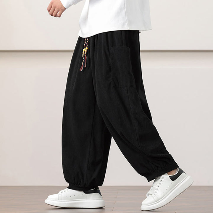 Pantalon Buddha Stones côtelé de couleur unie avec cordon de serrage et poches pour homme