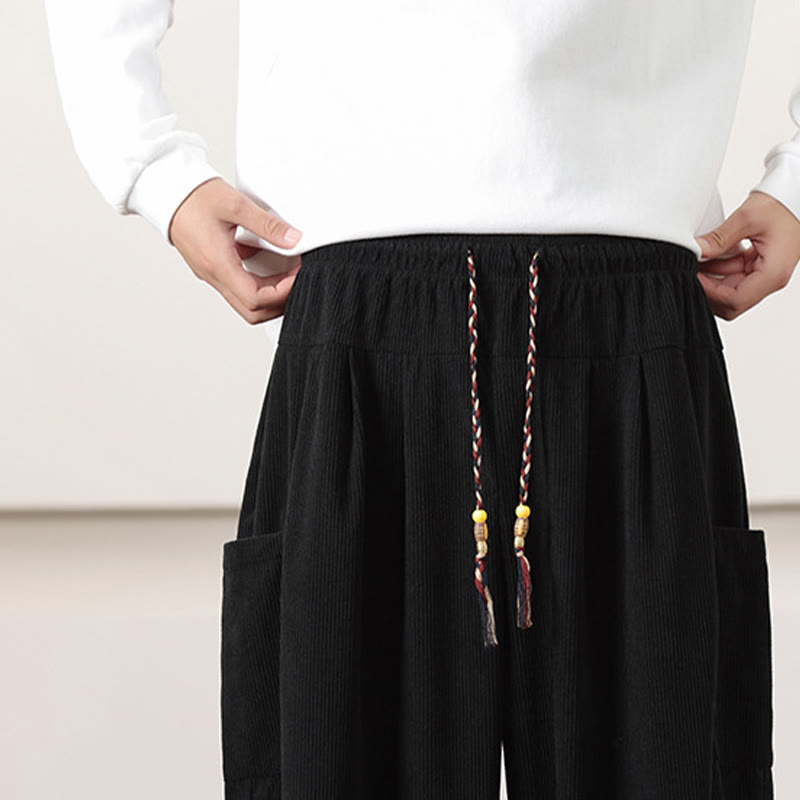 Pantalon Buddha Stones côtelé de couleur unie avec cordon de serrage et poches pour homme