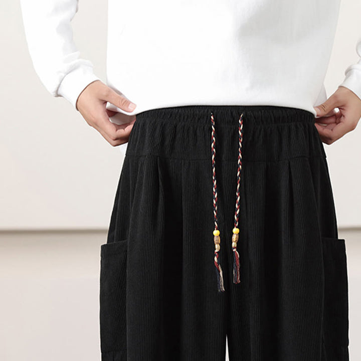 Pantalon Buddha Stones côtelé de couleur unie avec cordon de serrage et poches pour homme