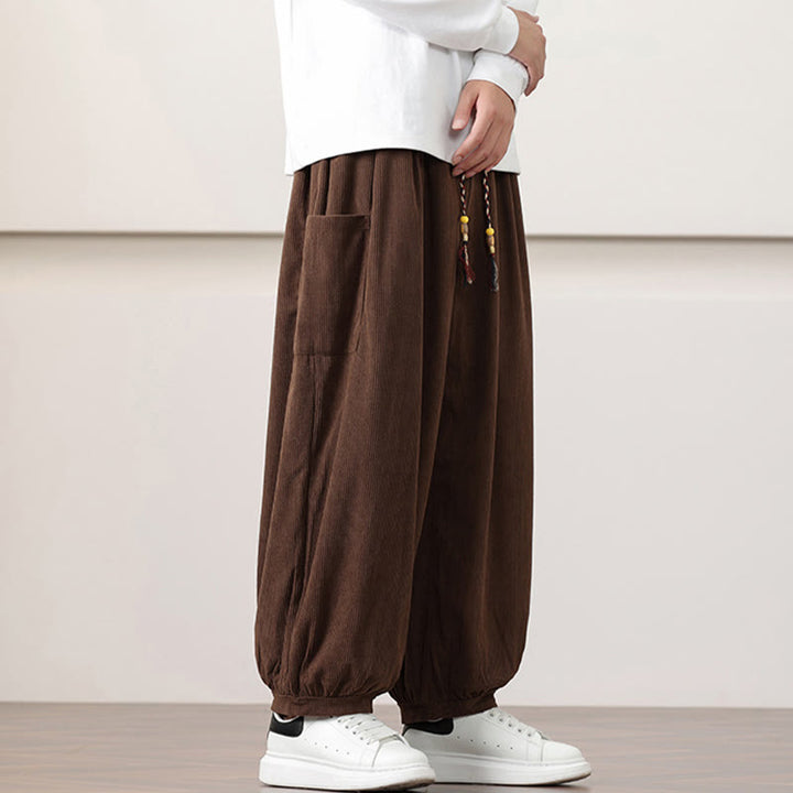 Pantalon Buddha Stones côtelé de couleur unie avec cordon de serrage et poches pour homme - image 37