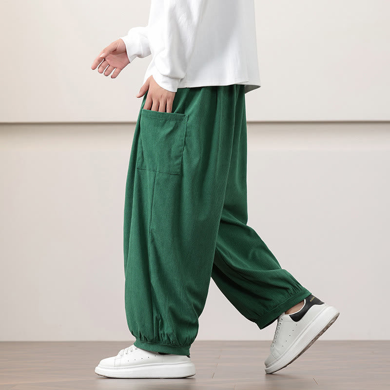 Pantalon Buddha Stones côtelé de couleur unie avec cordon de serrage et poches pour homme - image 35