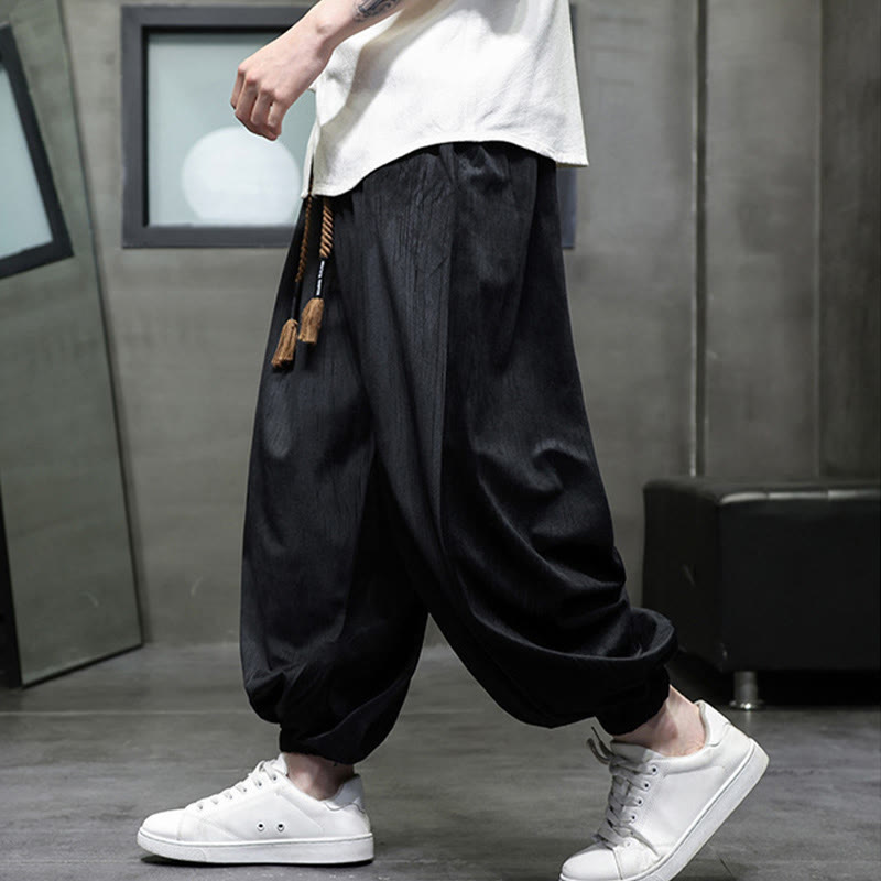 Pantalon Buddha Stones côtelé de couleur unie avec cordon de serrage et poches pour homme - image 6