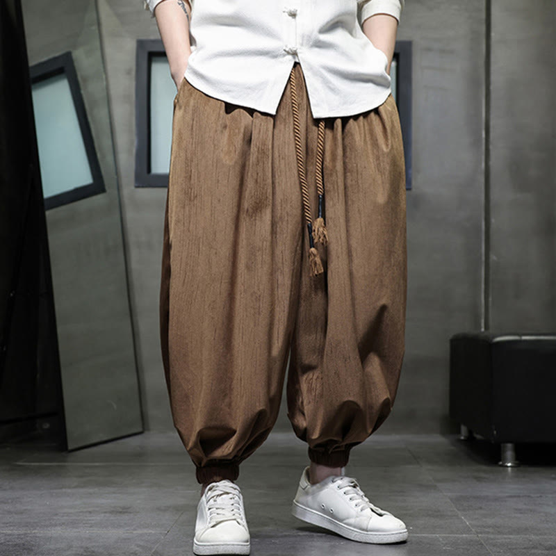 Pantalon Buddha Stones côtelé de couleur unie avec cordon de serrage et poches pour homme - image 1