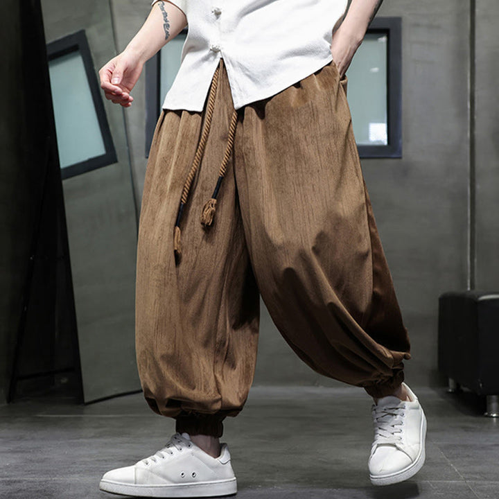 Pantalon Buddha Stones côtelé de couleur unie avec cordon de serrage et poches pour homme - image 10