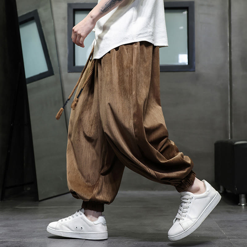 Pantalon Buddha Stones côtelé de couleur unie avec cordon de serrage et poches pour homme - image 11