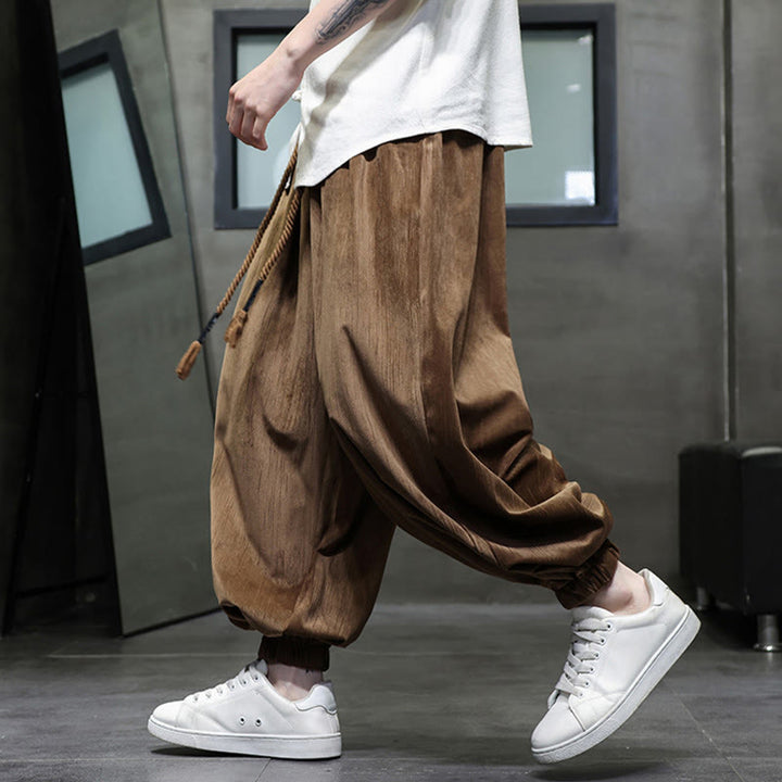 Pantalon Buddha Stones côtelé de couleur unie avec cordon de serrage et poches pour homme - image 11