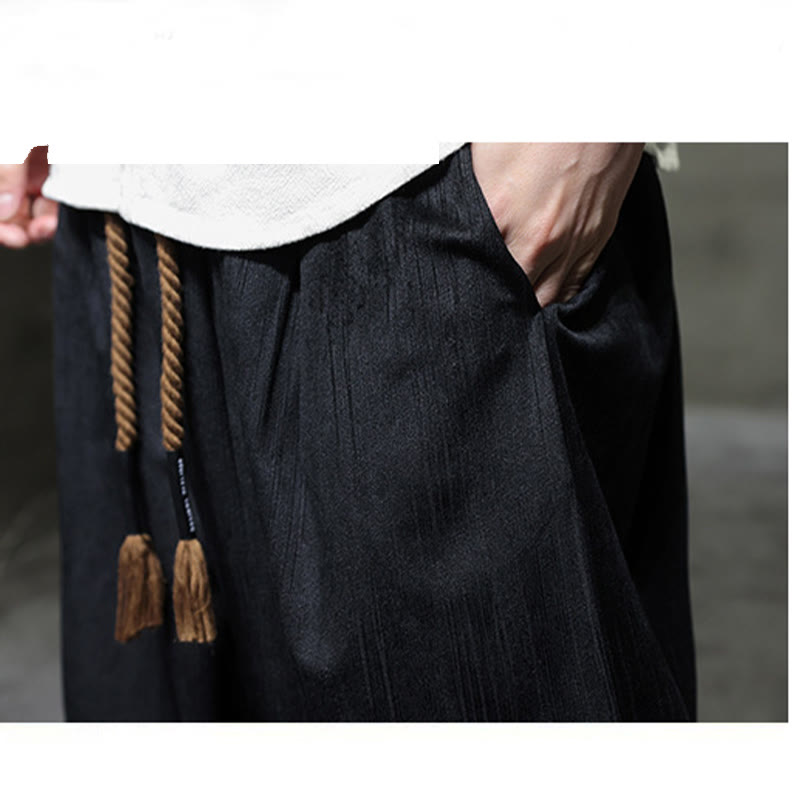 Pantalon Buddha Stones côtelé de couleur unie avec cordon de serrage et poches pour homme - image 17