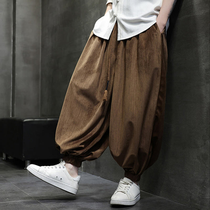 Pantalon Buddha Stones côtelé de couleur unie avec cordon de serrage et poches pour homme - image 3