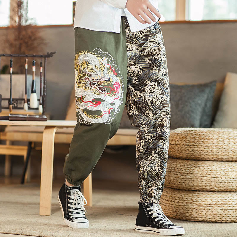 Pantalon bicolore pour homme avec poches et motif dragon Buddha Stones - Vert olive - US/UK/AU46，EU56 (5XL) - image 11