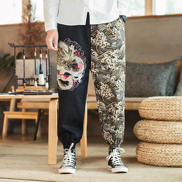 Pantalon bicolore pour homme avec poches et motif dragon Buddha Stones - Noir - US/UK/AU46，EU56 (5XL) - image 0