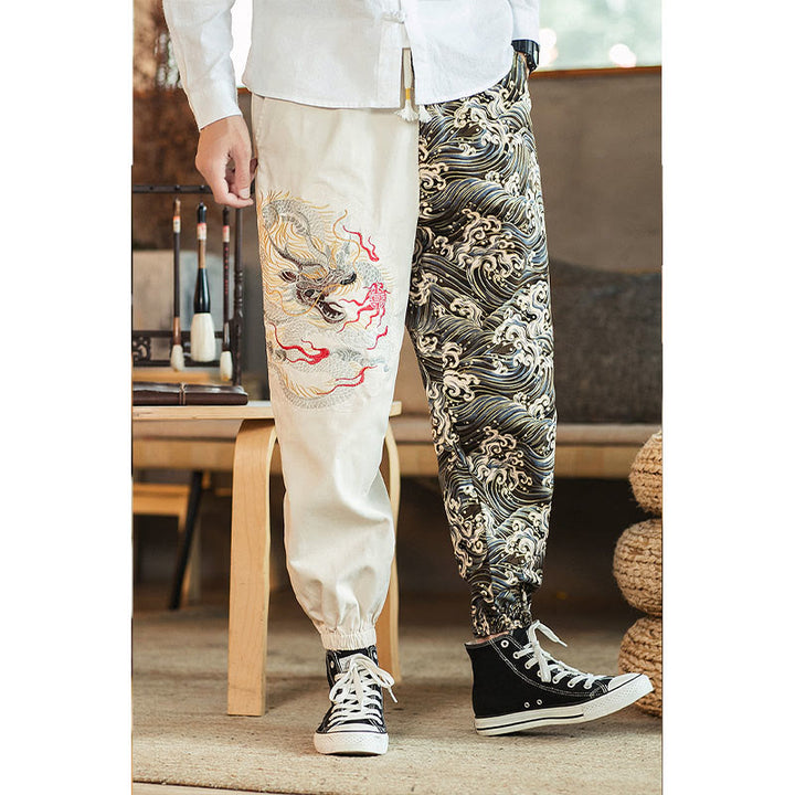 Pantalon bicolore pour homme avec poches et motif dragon Buddha Stones - image 9