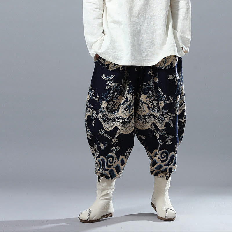 Pantalon pour homme en coton et lin avec poches et taille élastique, imprimé dragon chinois et Buddha Stones - image 3