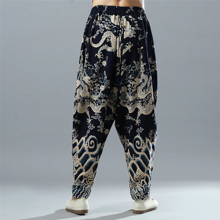 Pantalon pour homme en coton et lin avec poches et taille élastique, imprimé dragon chinois et Buddha Stones - image 2