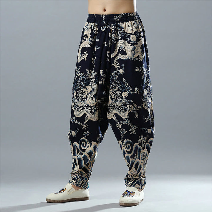Pantalon pour homme en coton et lin avec poches et taille élastique, imprimé dragon chinois et Buddha Stones - Bleu nuit - US/UK/AU38， EU48 (XL) - image 0