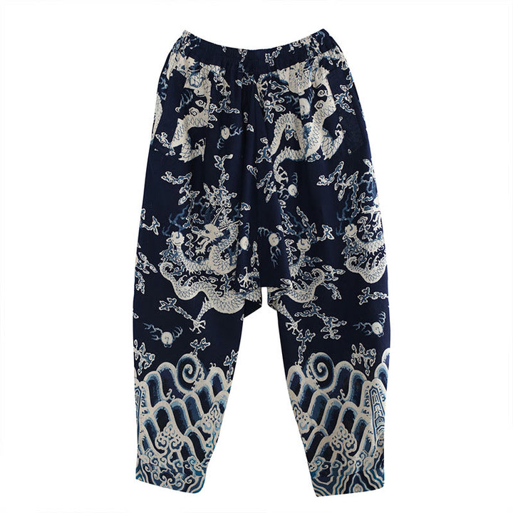 Pantalon pour homme en coton et lin avec poches et taille élastique, imprimé dragon chinois et Buddha Stones - image 6