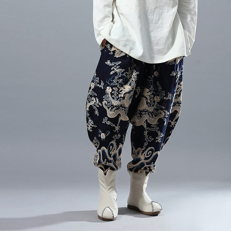 Pantalon pour homme en coton et lin avec poches et taille élastique, imprimé dragon chinois et Buddha Stones - image 5