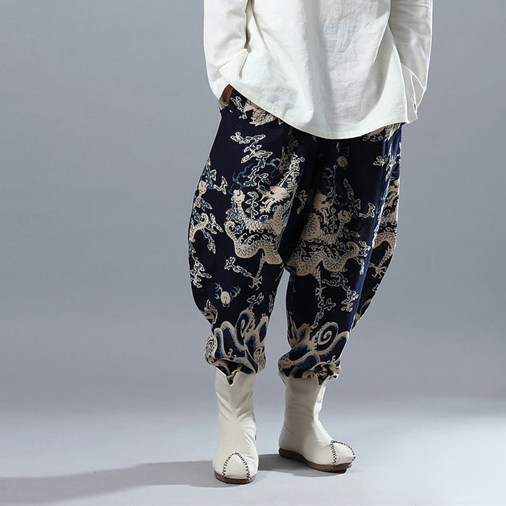 Pantalon pour homme en coton et lin avec poches et taille élastique, imprimé dragon chinois et Buddha Stones - image 5