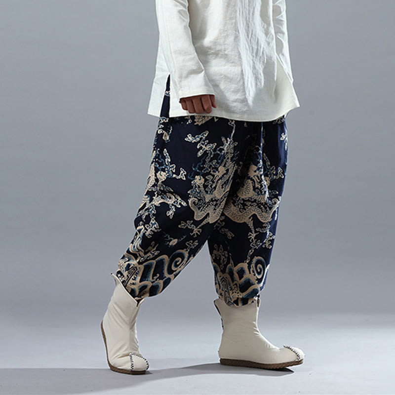 Pantalon pour homme en coton et lin avec poches et taille élastique, imprimé dragon chinois et Buddha Stones - image 4