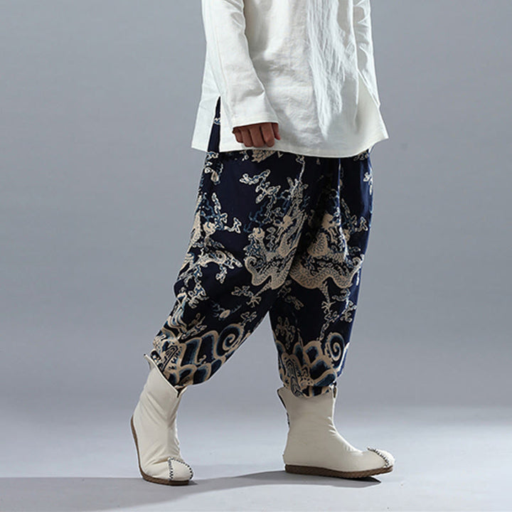 Pantalon pour homme en coton et lin avec poches et taille élastique, imprimé dragon chinois et Buddha Stones - image 4