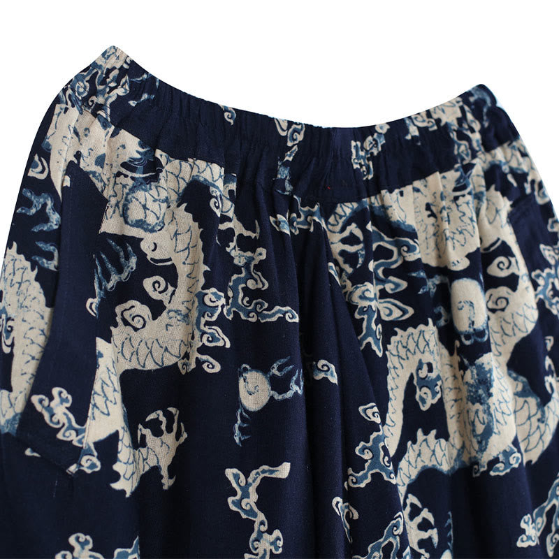 Pantalon pour homme en coton et lin avec poches et taille élastique, imprimé dragon chinois et Buddha Stones - image 7