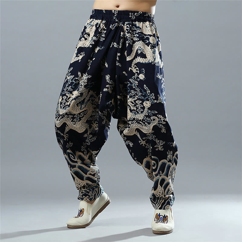 Pantalon pour homme en coton et lin avec poches et taille élastique, imprimé dragon chinois et Buddha Stones - image 1