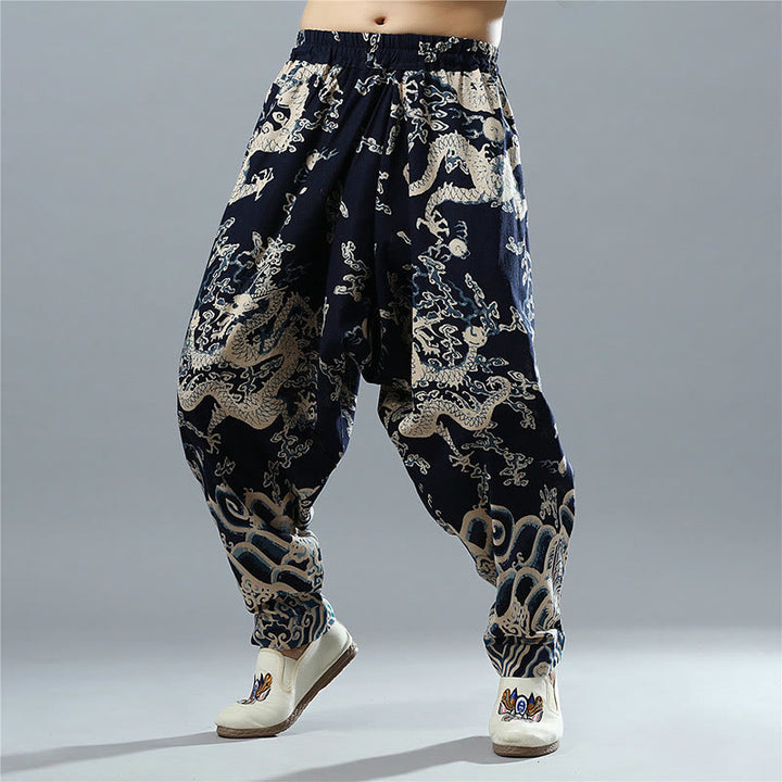 Pantalon pour homme en coton et lin avec poches et taille élastique, imprimé dragon chinois et Buddha Stones - image 1
