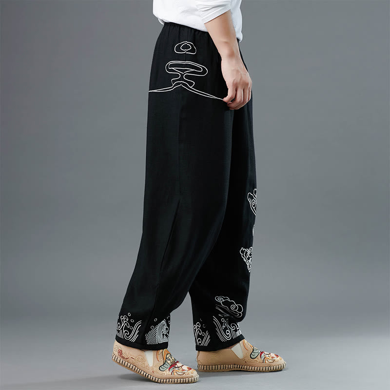 Pantalon en coton ethnique pour homme avec poches et taille élastique Buddha Stones et nuages