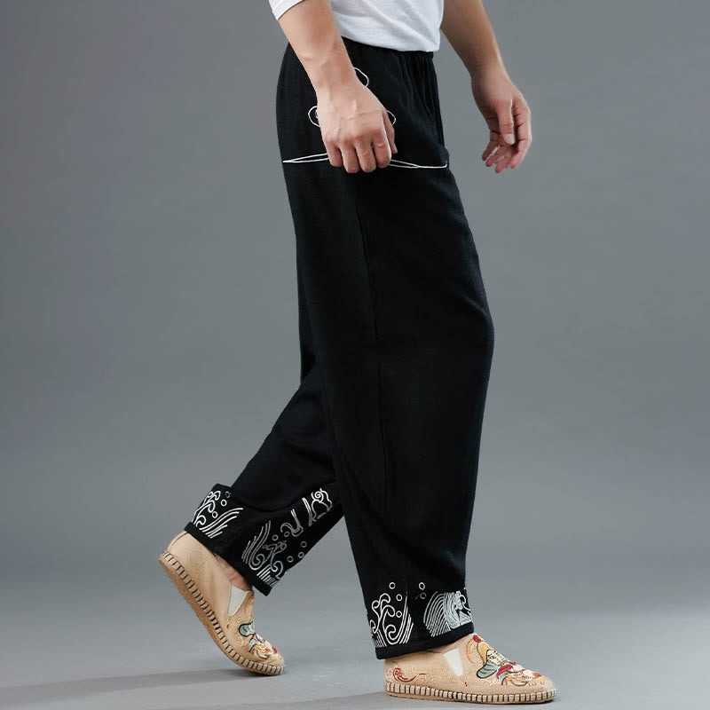 Pantalon en coton ethnique pour homme avec poches et taille élastique Buddha Stones et nuages