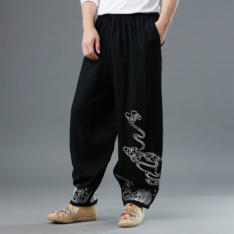 Pantalon en coton ethnique pour homme avec poches et taille élastique Buddha Stones et nuages - Noir - US/UK/AU38， EU48 (XL) - image 0
