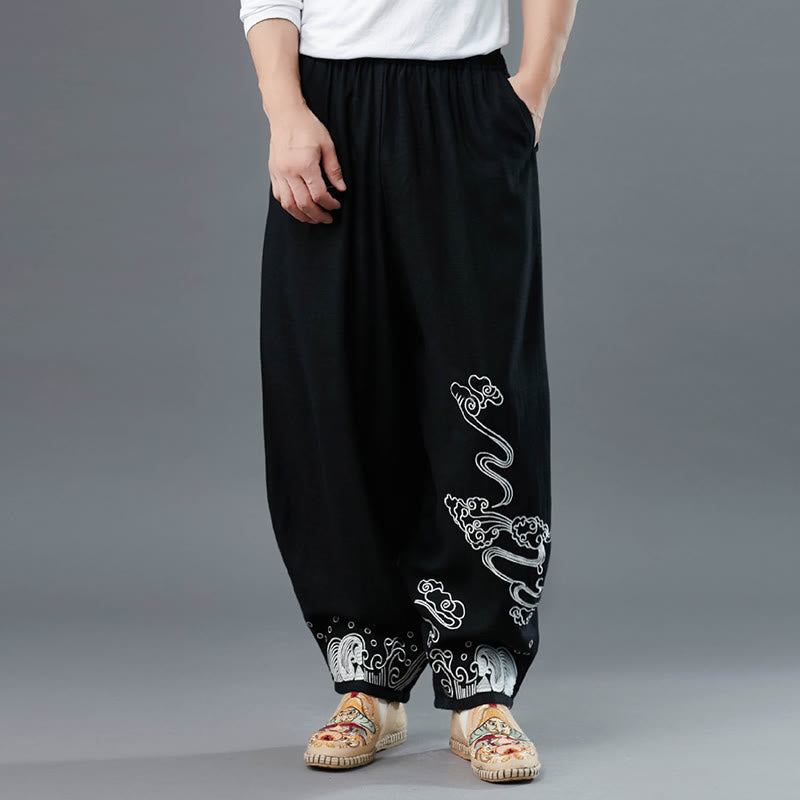 Pantalon en coton ethnique pour homme avec poches et taille élastique Buddha Stones et nuages