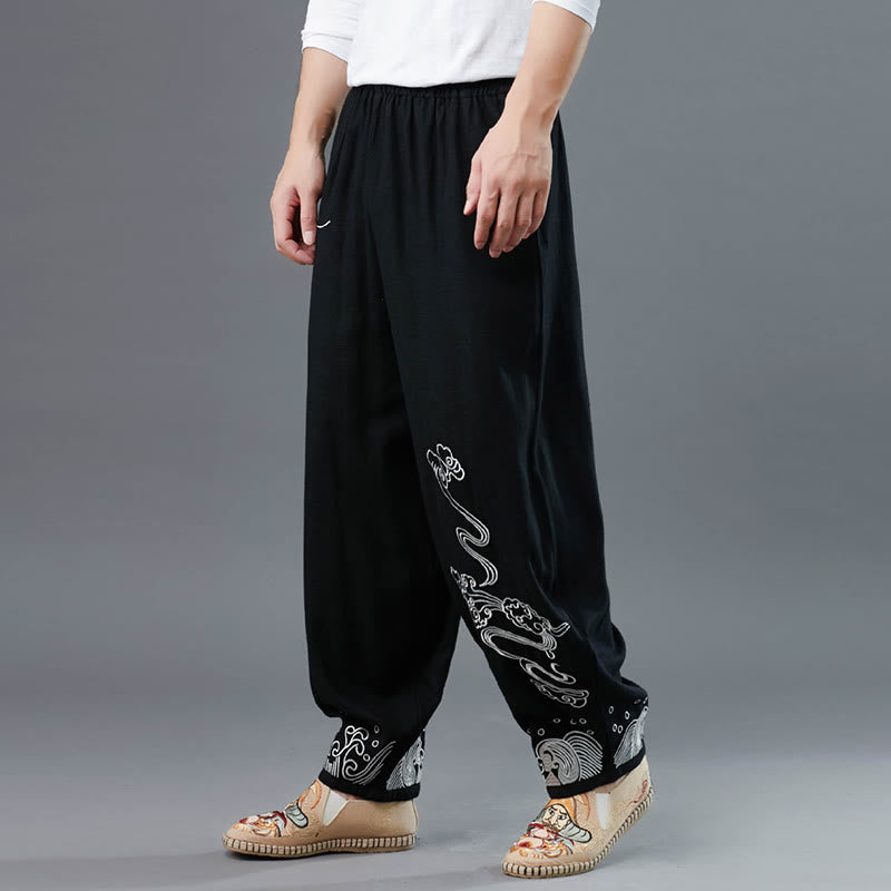 Pantalon en coton ethnique pour homme avec poches et taille élastique Buddha Stones et nuages